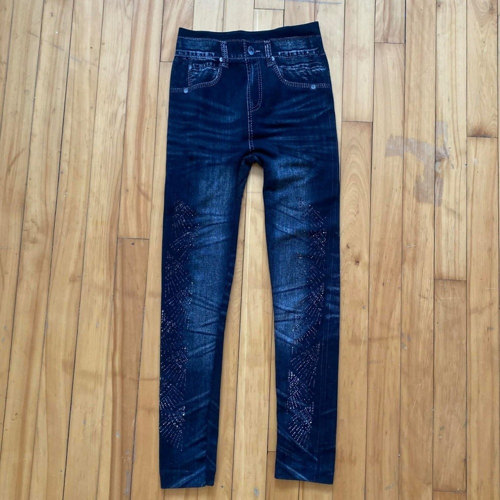 Y2K Embellished Rhinestone Dark Wash Skinny Jeans Leggings Pants / Jeggings